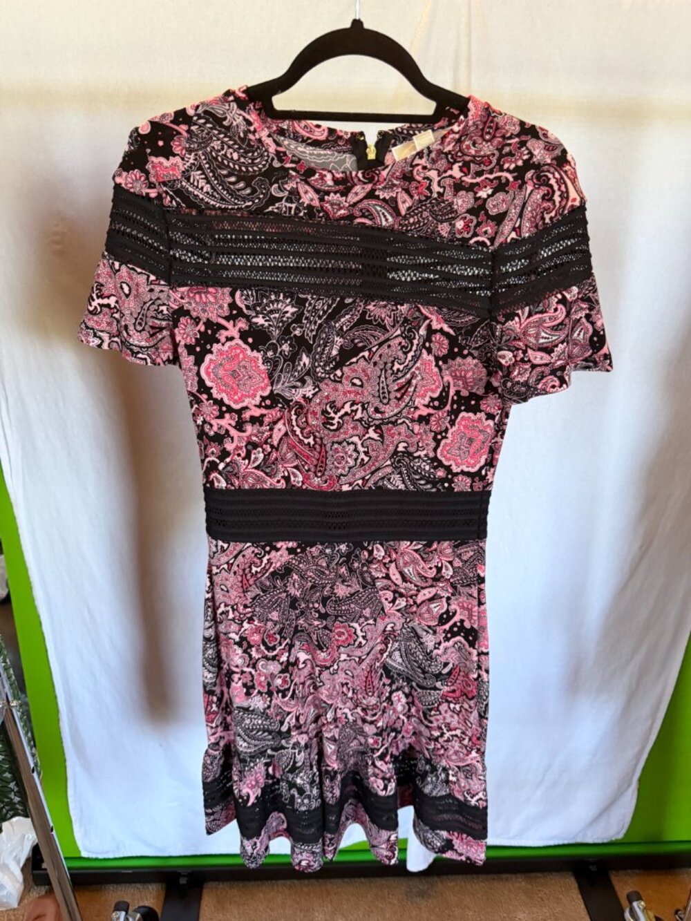 MICHAEL KORS Pink Paisley Lace Trim Short Sleeve Dress S